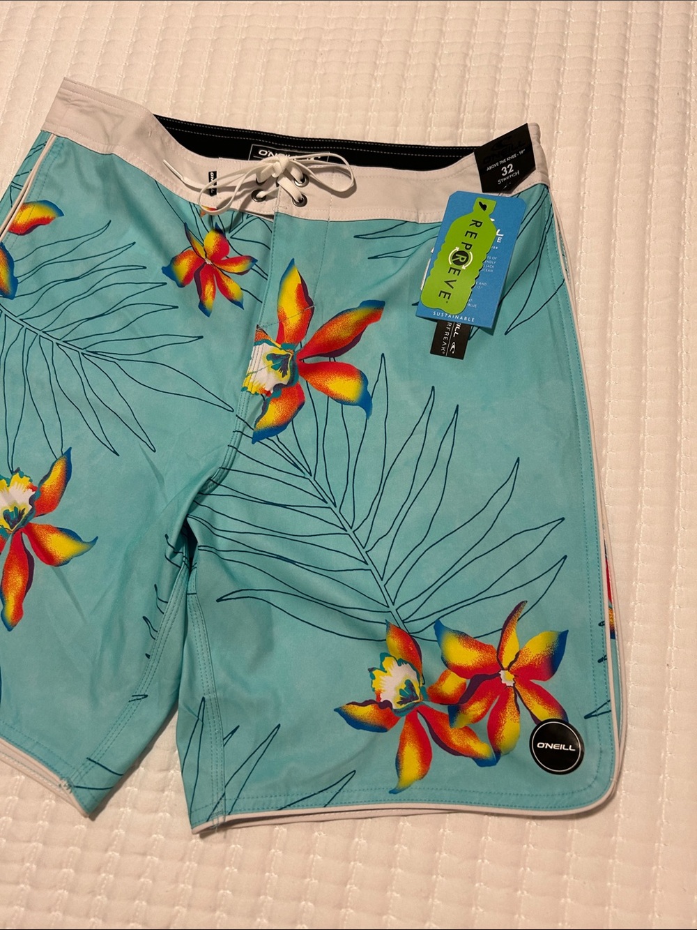 O'Neill Turquoise Floral Board Shorts with Orange Accents 32” waist - Picture 2 of 9